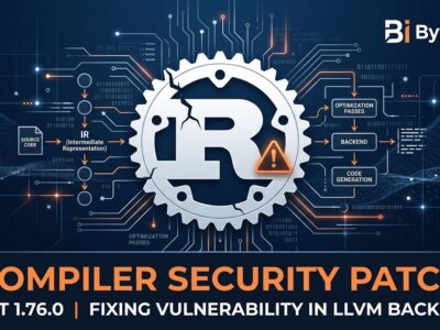 Rust compiler gear logo with warning symbol representing the LLVM miscompilation bug fixed in Rust 1.97.1