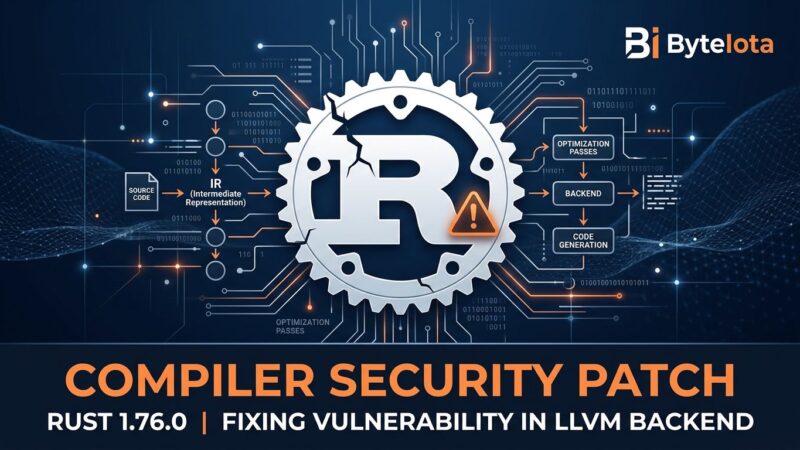 Rust compiler gear logo with warning symbol representing the LLVM miscompilation bug fixed in Rust 1.97.1