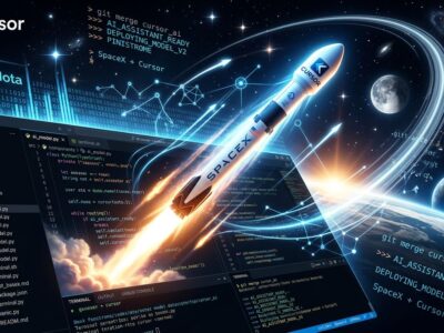 Rocket launching from a code editor interface representing SpaceX acquiring Cursor AI coding tool