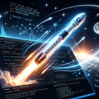 Rocket launching from a code editor interface representing SpaceX acquiring Cursor AI coding tool