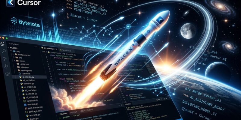 Rocket launching from a code editor interface representing SpaceX acquiring Cursor AI coding tool