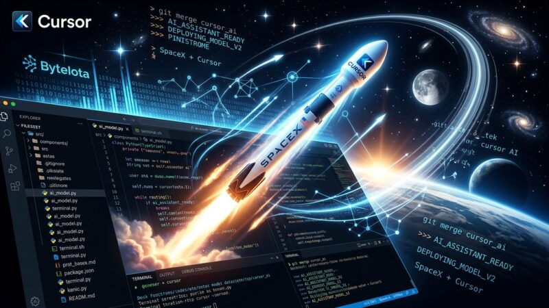 Rocket launching from a code editor interface representing SpaceX acquiring Cursor AI coding tool