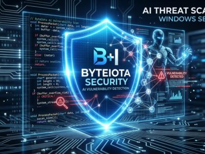 Microsoft MDASH agentic AI system scanning Windows code for vulnerabilities, blue shield with neural network nodes on dark background