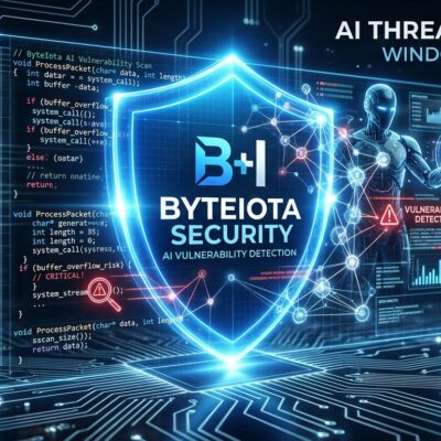 Microsoft MDASH agentic AI system scanning Windows code for vulnerabilities, blue shield with neural network nodes on dark background