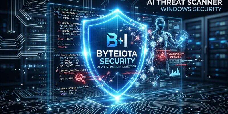 Microsoft MDASH agentic AI system scanning Windows code for vulnerabilities, blue shield with neural network nodes on dark background