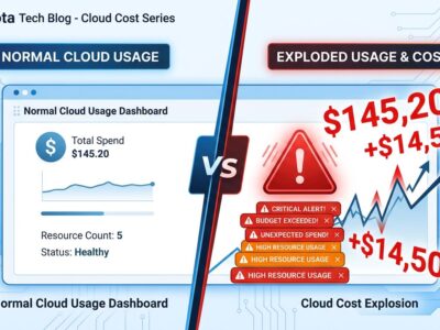 Split-screen illustration showing normal AWS billing dashboard on left versus exploded trillion-dollar billing estimate on right
