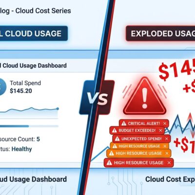 Split-screen illustration showing normal AWS billing dashboard on left versus exploded trillion-dollar billing estimate on right