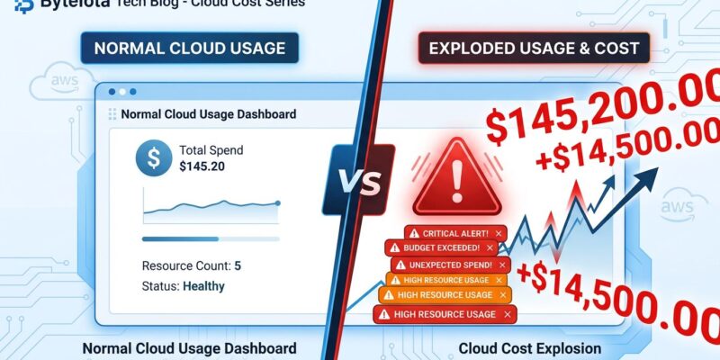 Split-screen illustration showing normal AWS billing dashboard on left versus exploded trillion-dollar billing estimate on right