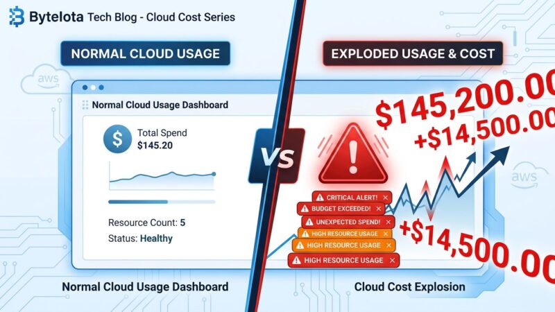 Split-screen illustration showing normal AWS billing dashboard on left versus exploded trillion-dollar billing estimate on right