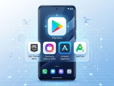 Smartphone displaying multiple competing Android app store icons with Google Play at center, blue and white color scheme