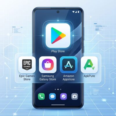 Smartphone displaying multiple competing Android app store icons with Google Play at center, blue and white color scheme
