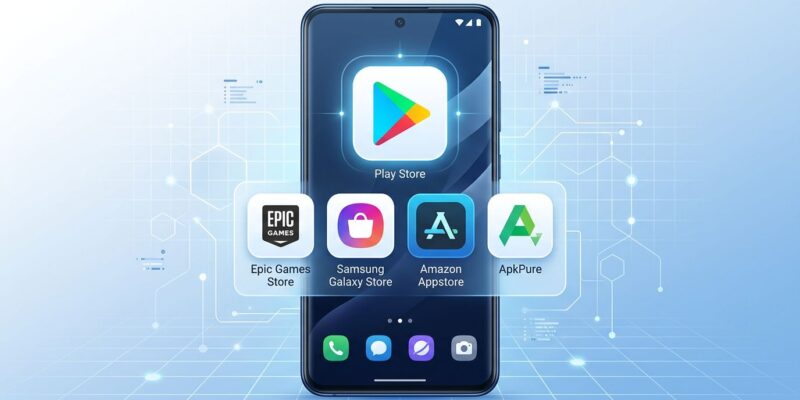 Smartphone displaying multiple competing Android app store icons with Google Play at center, blue and white color scheme