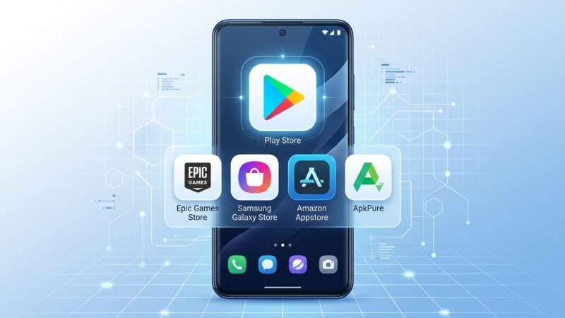 Smartphone displaying multiple competing Android app store icons with Google Play at center, blue and white color scheme