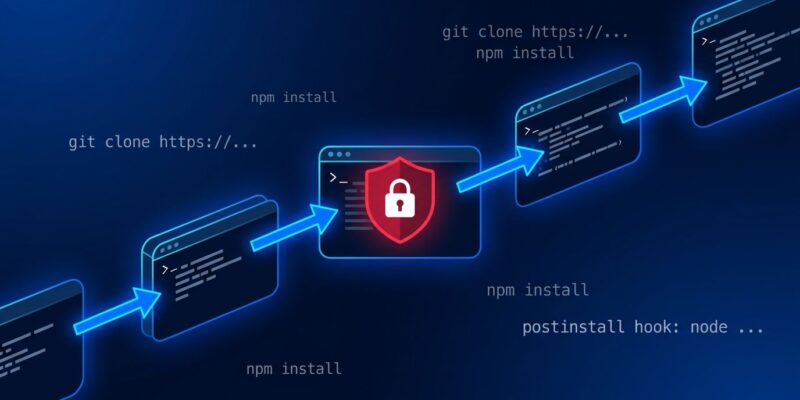 CLI command composition chain attack diagram showing how MOSAIC exploits AI coding agents