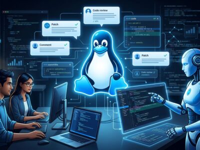 AI robot and Linux penguin Tux reviewing code patches side by side on a dark blue background