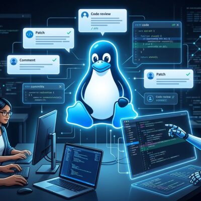AI robot and Linux penguin Tux reviewing code patches side by side on a dark blue background