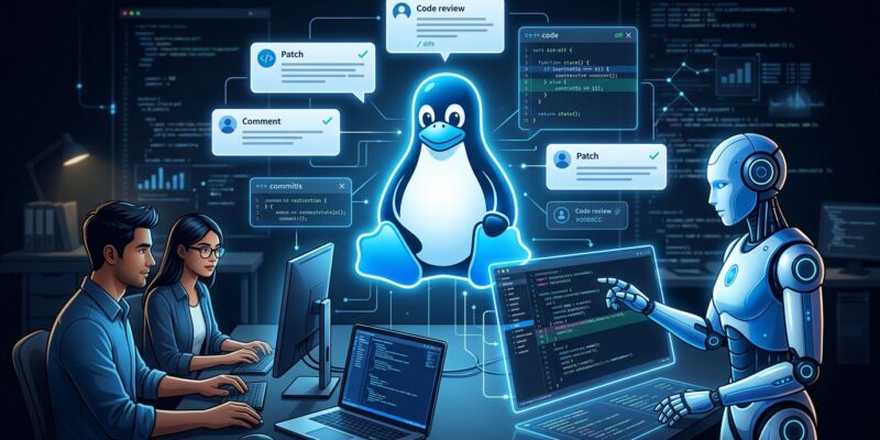 AI robot and Linux penguin Tux reviewing code patches side by side on a dark blue background