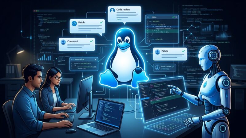 AI robot and Linux penguin Tux reviewing code patches side by side on a dark blue background