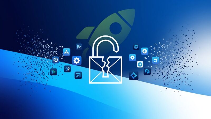 Abstract visualization of Android app blocking with broken padlock and fading app icons representing open-source apps being blocked by developer verification