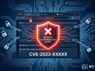 Chrome browser window with red security warning shield, broken padlock icons floating around it on dark blue background — representing the ClaudeBleed vulnerability in Claude for Chrome