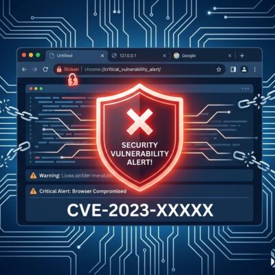 Chrome browser window with red security warning shield, broken padlock icons floating around it on dark blue background — representing the ClaudeBleed vulnerability in Claude for Chrome