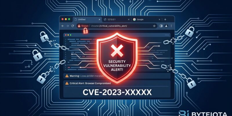 Chrome browser window with red security warning shield, broken padlock icons floating around it on dark blue background — representing the ClaudeBleed vulnerability in Claude for Chrome