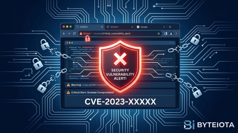 Chrome browser window with red security warning shield, broken padlock icons floating around it on dark blue background — representing the ClaudeBleed vulnerability in Claude for Chrome