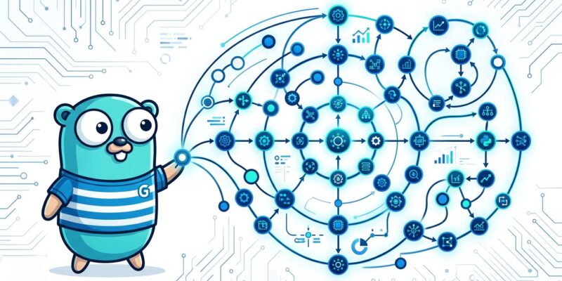 Go gopher mascot connected to AI agent workflow nodes representing Microsoft Agent Framework for Go