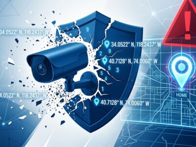 Home security camera with broken shield revealing GPS coordinates — TP-Link Kasa vulnerability illustration