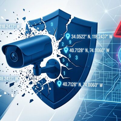 Home security camera with broken shield revealing GPS coordinates — TP-Link Kasa vulnerability illustration