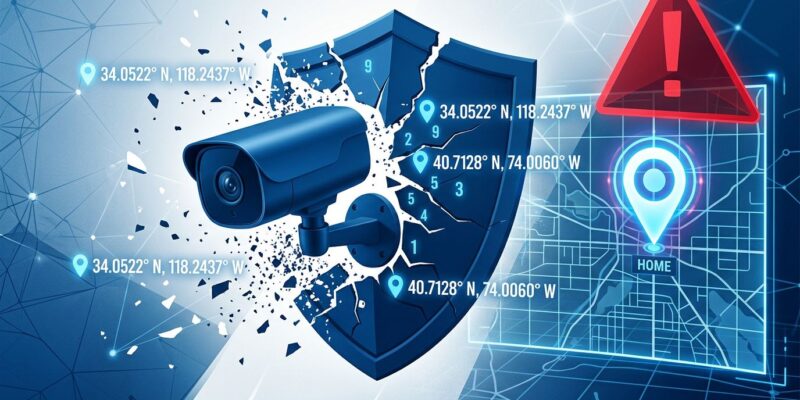 Home security camera with broken shield revealing GPS coordinates — TP-Link Kasa vulnerability illustration