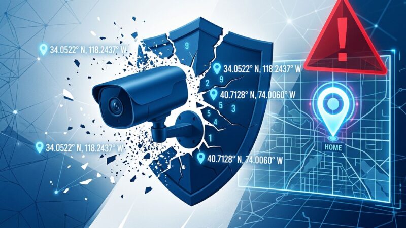 Home security camera with broken shield revealing GPS coordinates — TP-Link Kasa vulnerability illustration