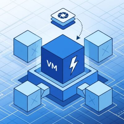 Isometric illustration of AWS Lambda MicroVM architecture showing dedicated Firecracker VM isolation with snapshot-based lifecycle management