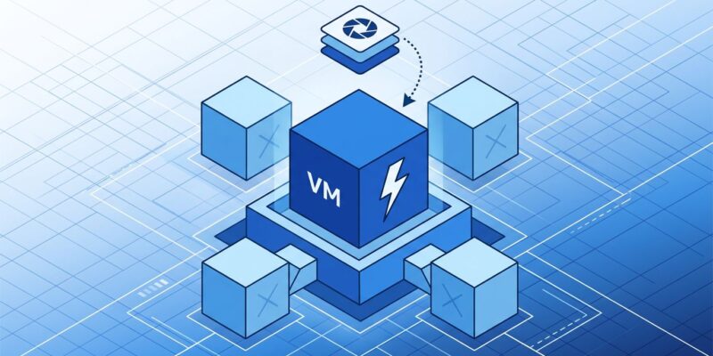 Isometric illustration of AWS Lambda MicroVM architecture showing dedicated Firecracker VM isolation with snapshot-based lifecycle management