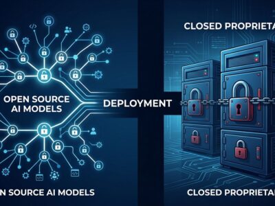 Abstract network diagram showing the gap between open source AI model adoption and production deployment, representing Mozilla's State of Open Source AI report findings