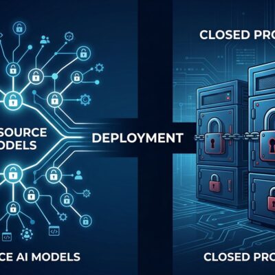 Abstract network diagram showing the gap between open source AI model adoption and production deployment, representing Mozilla's State of Open Source AI report findings