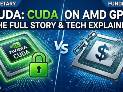 Split-screen illustration showing Nvidia CUDA lock on the left and AMD GPU with broken funding symbol on the right, representing ZLUDA 6 losing commercial funding