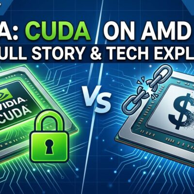 Split-screen illustration showing Nvidia CUDA lock on the left and AMD GPU with broken funding symbol on the right, representing ZLUDA 6 losing commercial funding