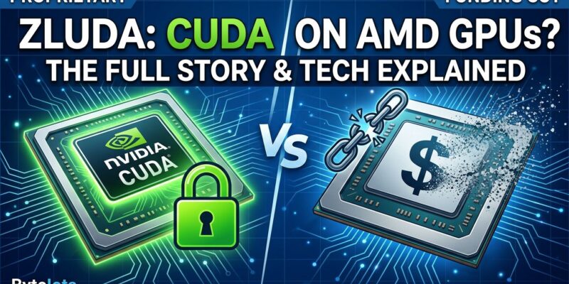 Split-screen illustration showing Nvidia CUDA lock on the left and AMD GPU with broken funding symbol on the right, representing ZLUDA 6 losing commercial funding