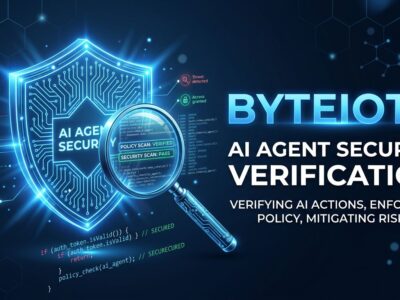 AI agent security verification concept showing a shield with circuit board patterns and magnifying glass examining code
