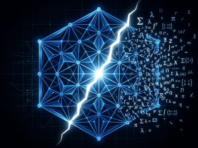 Abstract blue lattice structure split by a crack, representing HAWK post-quantum cipher vulnerability discovered by Claude AI