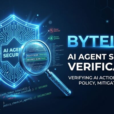 AI agent security verification concept showing a shield with circuit board patterns and magnifying glass examining code