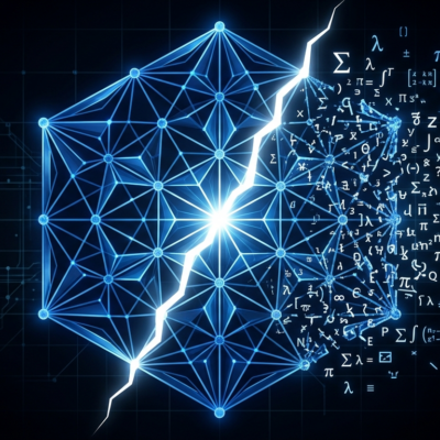 Abstract blue lattice structure split by a crack, representing HAWK post-quantum cipher vulnerability discovered by Claude AI