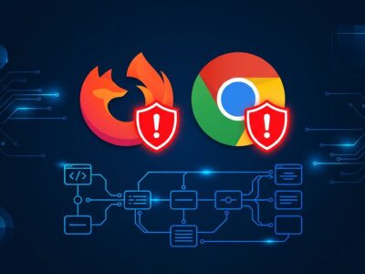 Firefox and Chrome browser icons with security warning shield over a CI/CD pipeline diagram