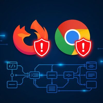 Firefox and Chrome browser icons with security warning shield over a CI/CD pipeline diagram