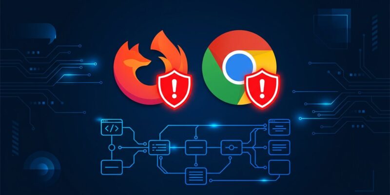 Firefox and Chrome browser icons with security warning shield over a CI/CD pipeline diagram