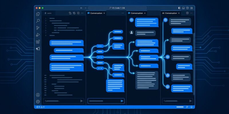 VS Code 1.128 multi-chat Claude agent sessions interface showing parallel conversation panels