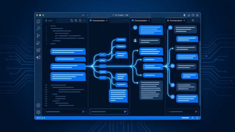 VS Code 1.128 multi-chat Claude agent sessions interface showing parallel conversation panels