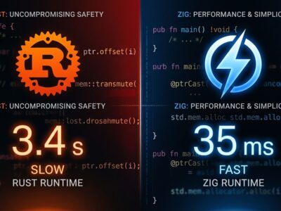 Split-screen comparison of Rust vs Zig build times for the Roc compiler rewrite showing 3.4 seconds vs 35 milliseconds