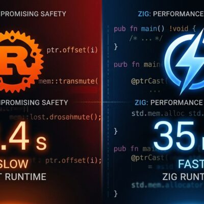 Split-screen comparison of Rust vs Zig build times for the Roc compiler rewrite showing 3.4 seconds vs 35 milliseconds